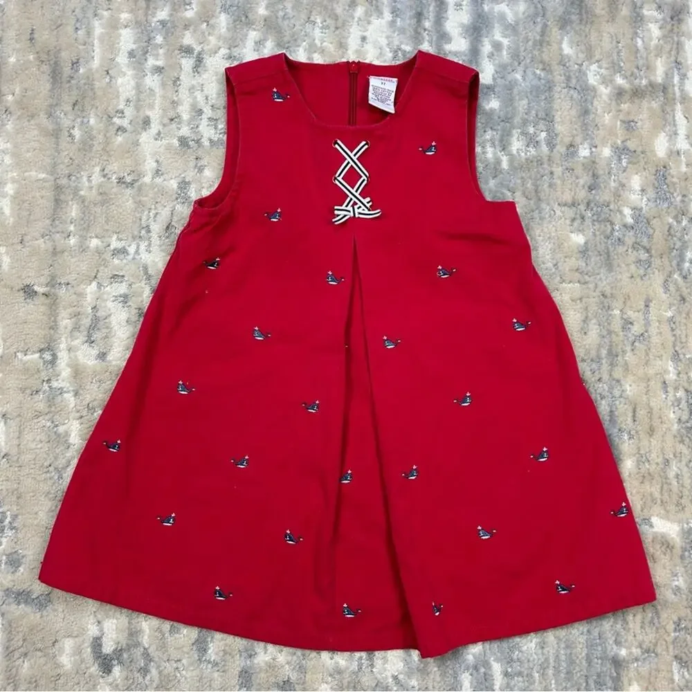 Vintage Gymboree Whale Watching  Embroidered Red Jumper Dress 2003 Sz 3T